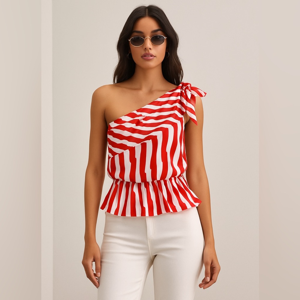 Lulu's Vibrant Red and White One-Shoulder Blouse